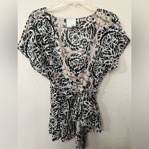 Anthropologie Odille Blouse 8 Top black tan ivory faux wrap tie bow